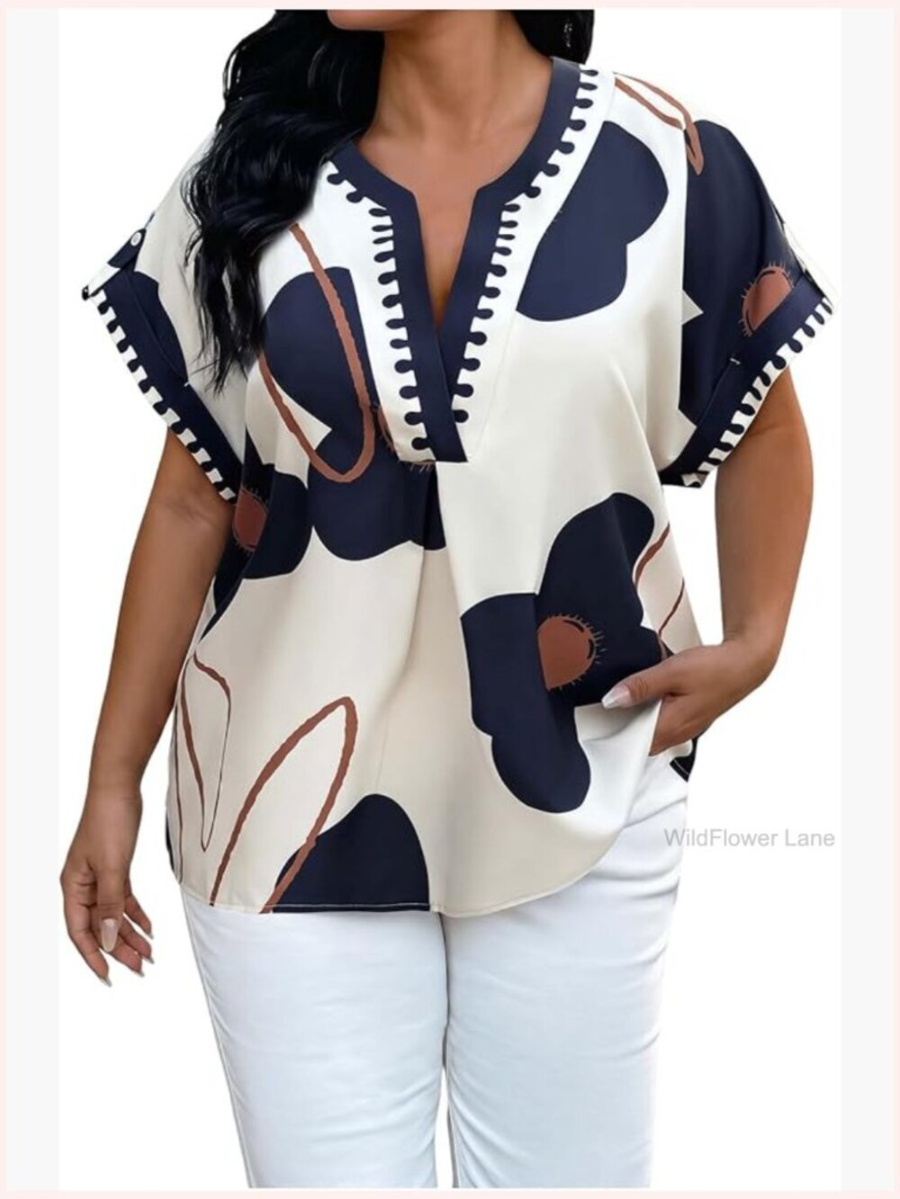 Plus Size Boho Notched V Neck Blouse Dolman Sleeve Blouse